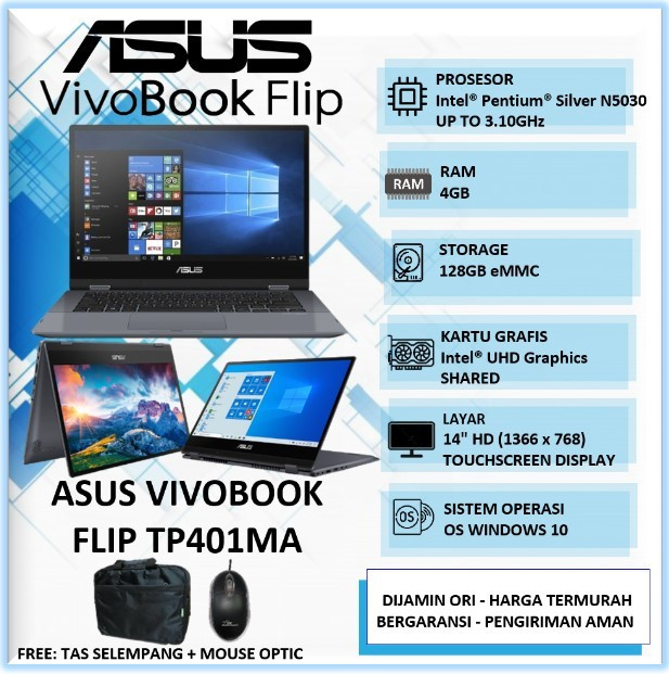 Laptop Tablet 2in1 Touchscreen Asus Vivobook Flip TP401 Intel - UNIT STANDAR, 256GB