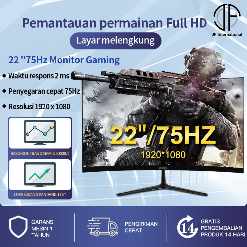 Desktop Monitor 22 inci, monitor tinggi 75HZ Monitor Komputer - Hitam