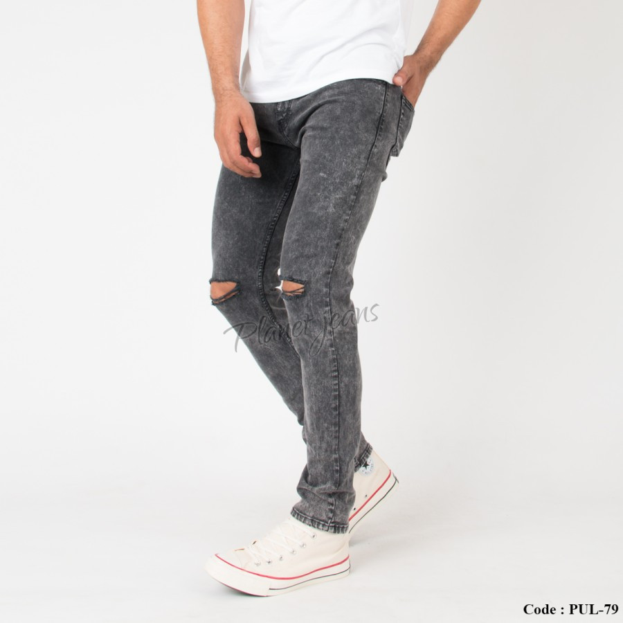 Celana Jeans Skinny Pria Robek Lutut Vonts Ripped Grey Wash Skiny
